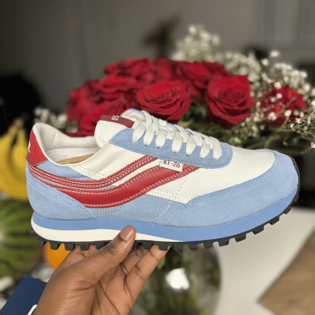 Blue and red sneaker held by a hand with flowers in the background