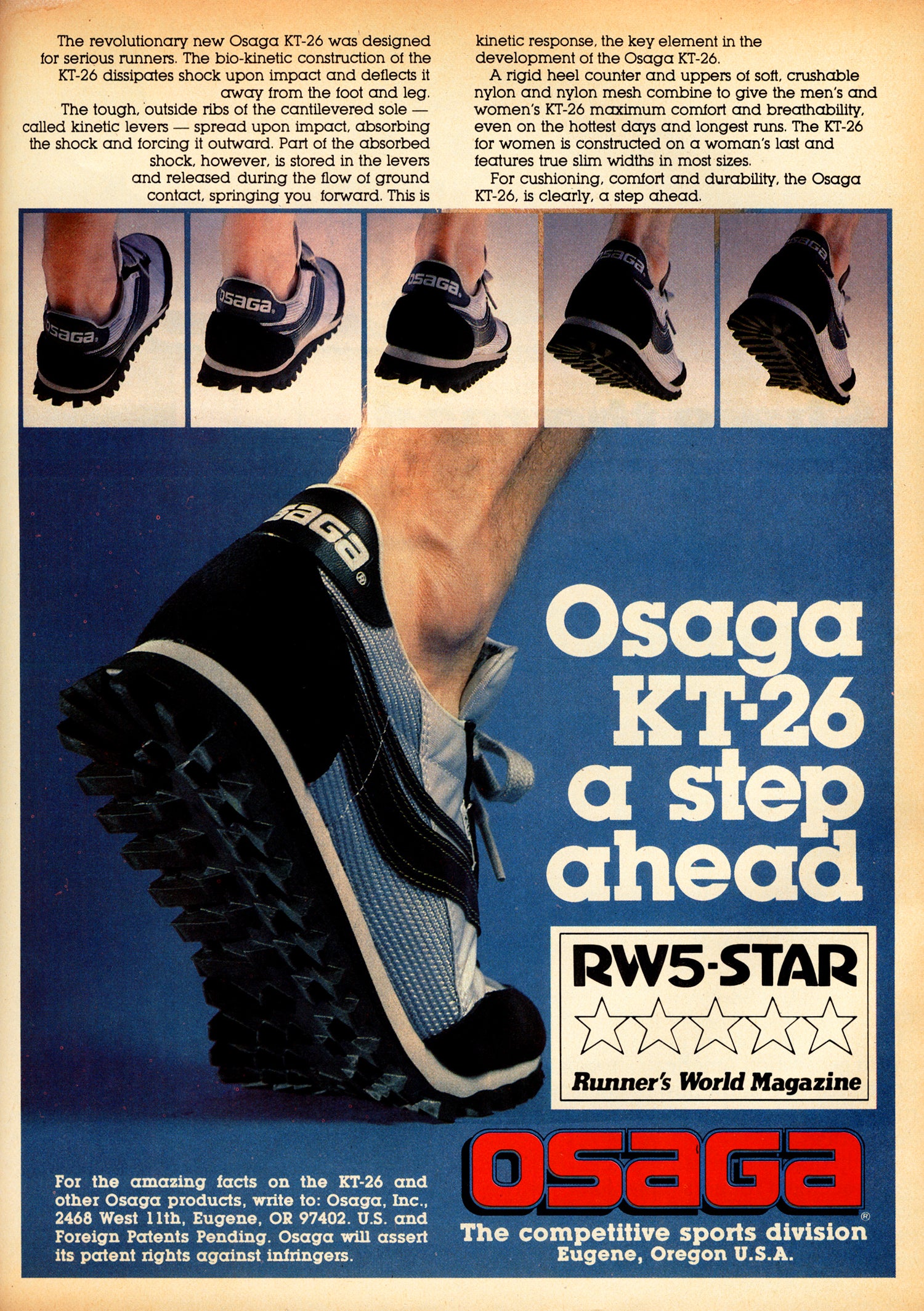 Vintage 1970s advertisement for Osaga KT-26 running shoes with product display and branding.