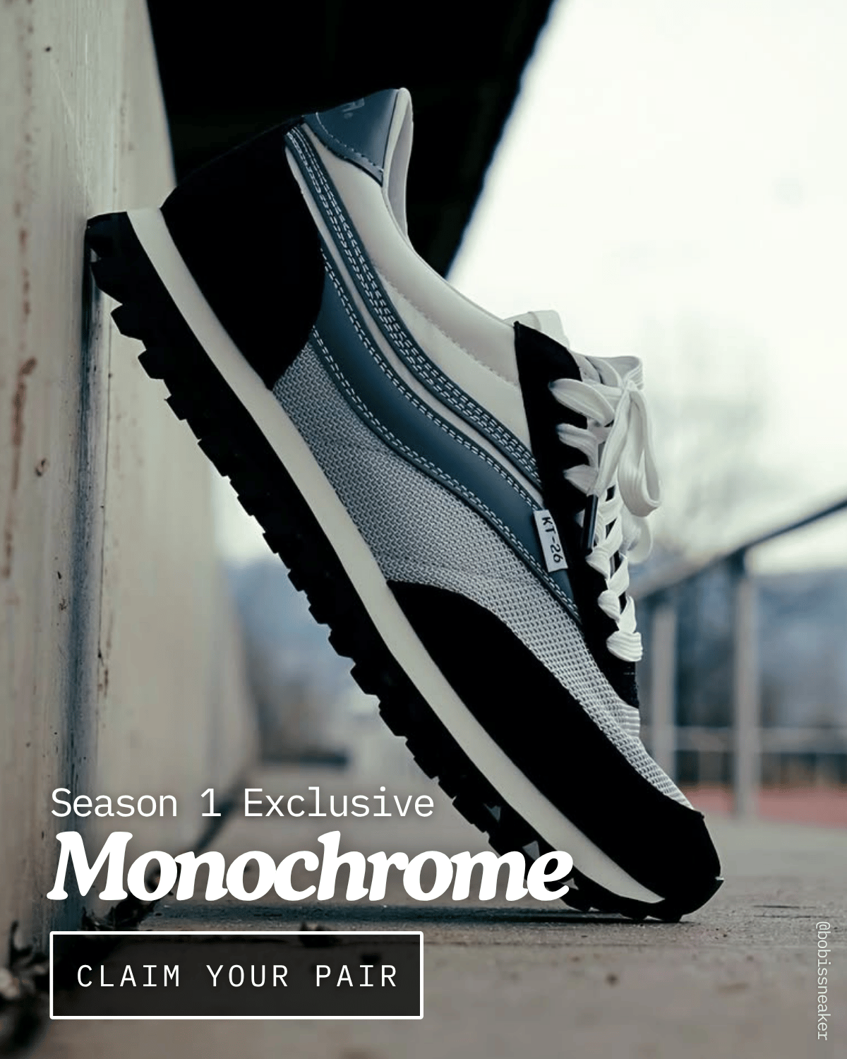 Black and white sneakers with text overlay on a blurred background