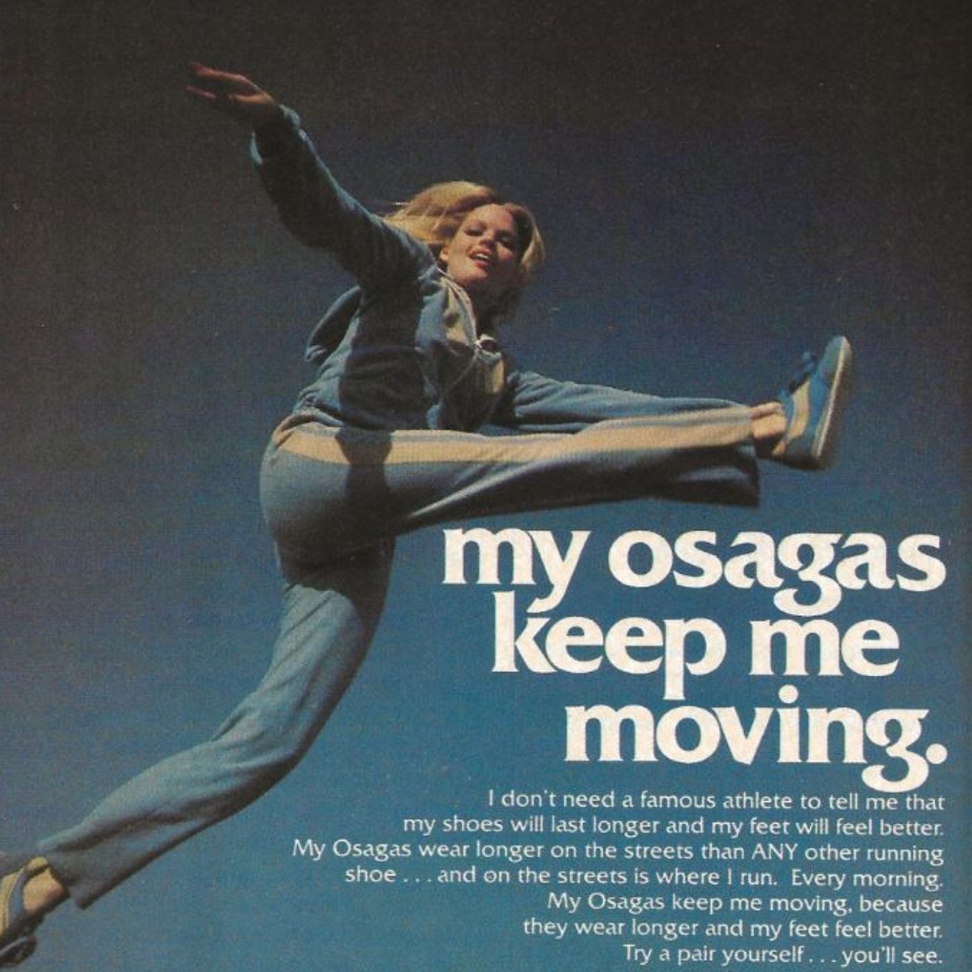 Women athlete in blue tracksuit jumping with text 'my osagas keep me moving' on a dark background