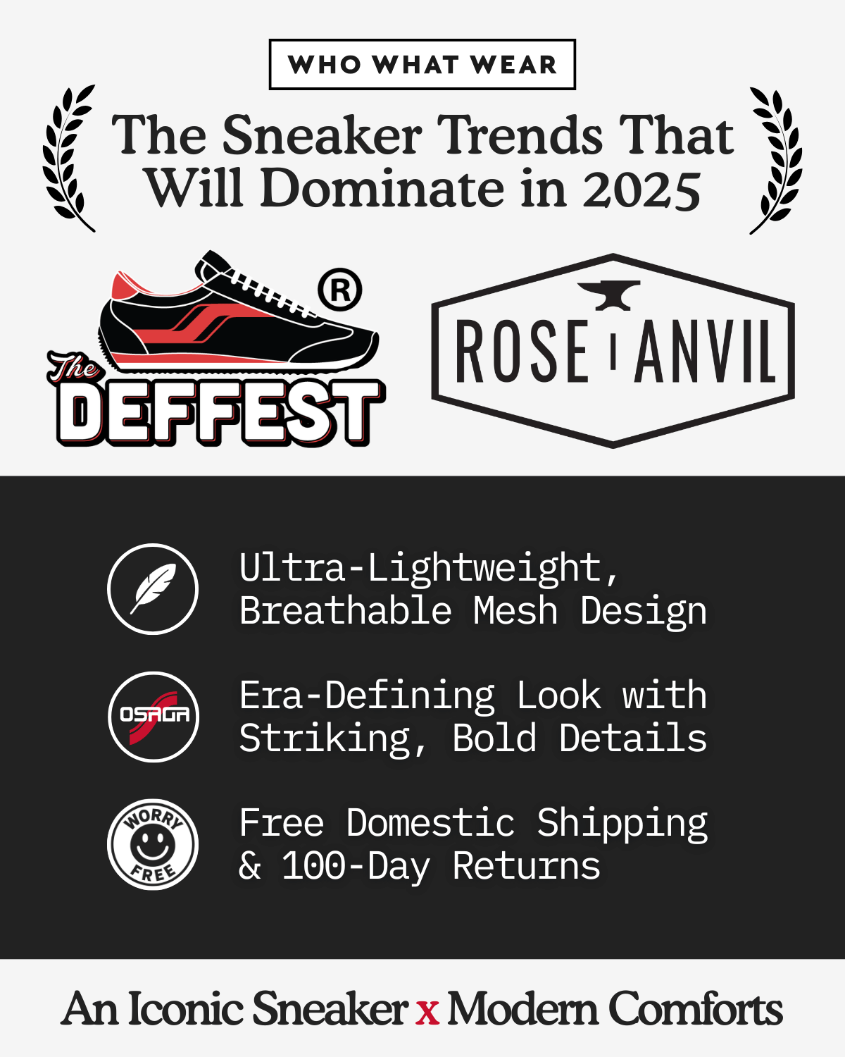 Logos from brands that have featured our sneakers including whowhatwear, thedeffest, roseanvil