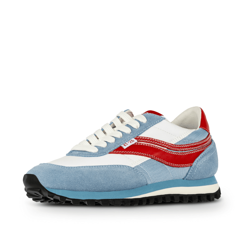 Osaga KT-26 retro sneaker side view of red, blue, and white colorway on a white background